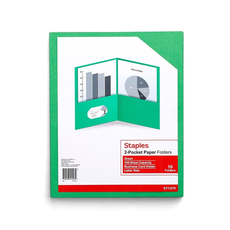 Staples 10% Recycled Smooth 2-Pocket Paper Presentation Folder, Green, 10/Pack (13379-US) - Image 1
